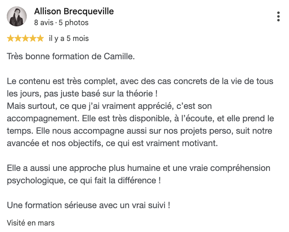 Avis Google cinq étoiles d'Allison Brecqueville