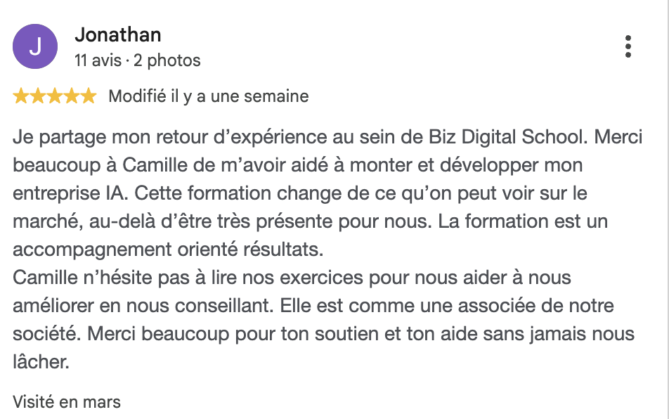 Avis Google cinq étoiles de Jonathan