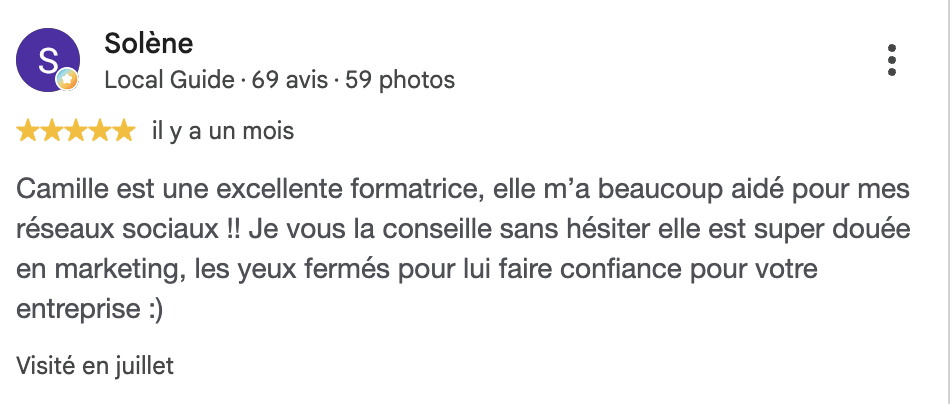 Avis Google cinq étoiles de Solène