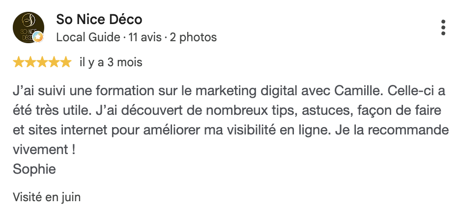 Avis Google cinq étoiles de So Nice Déco
