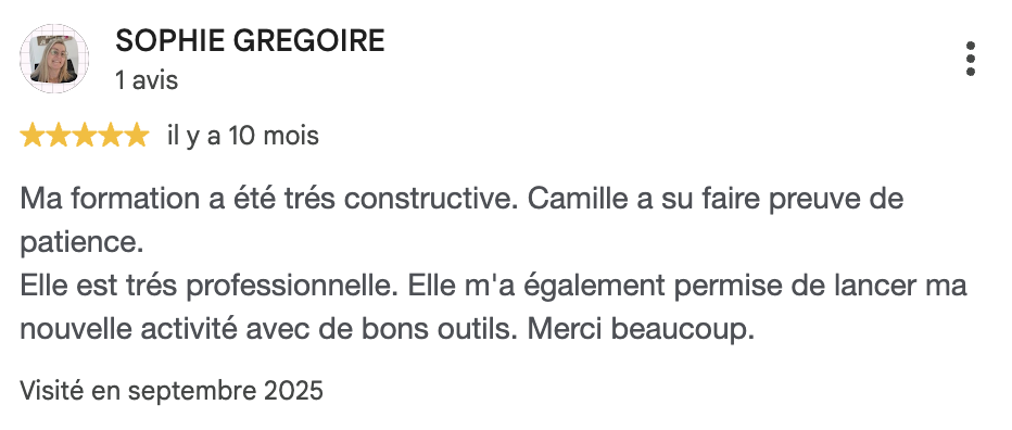 Avis Google cinq étoiles de Sophie Gregoire