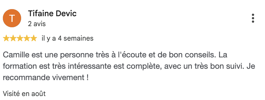 Avis Google cinq étoiles de Tifaine Devic